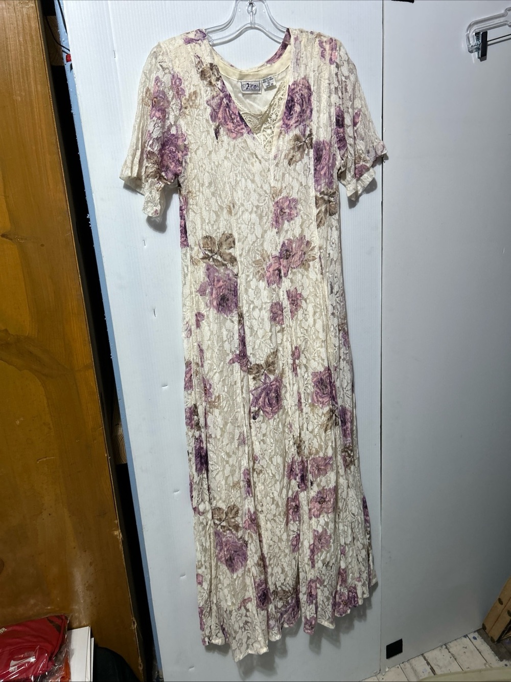 Cream Lace Maxi Dress with Mauve Floral Print